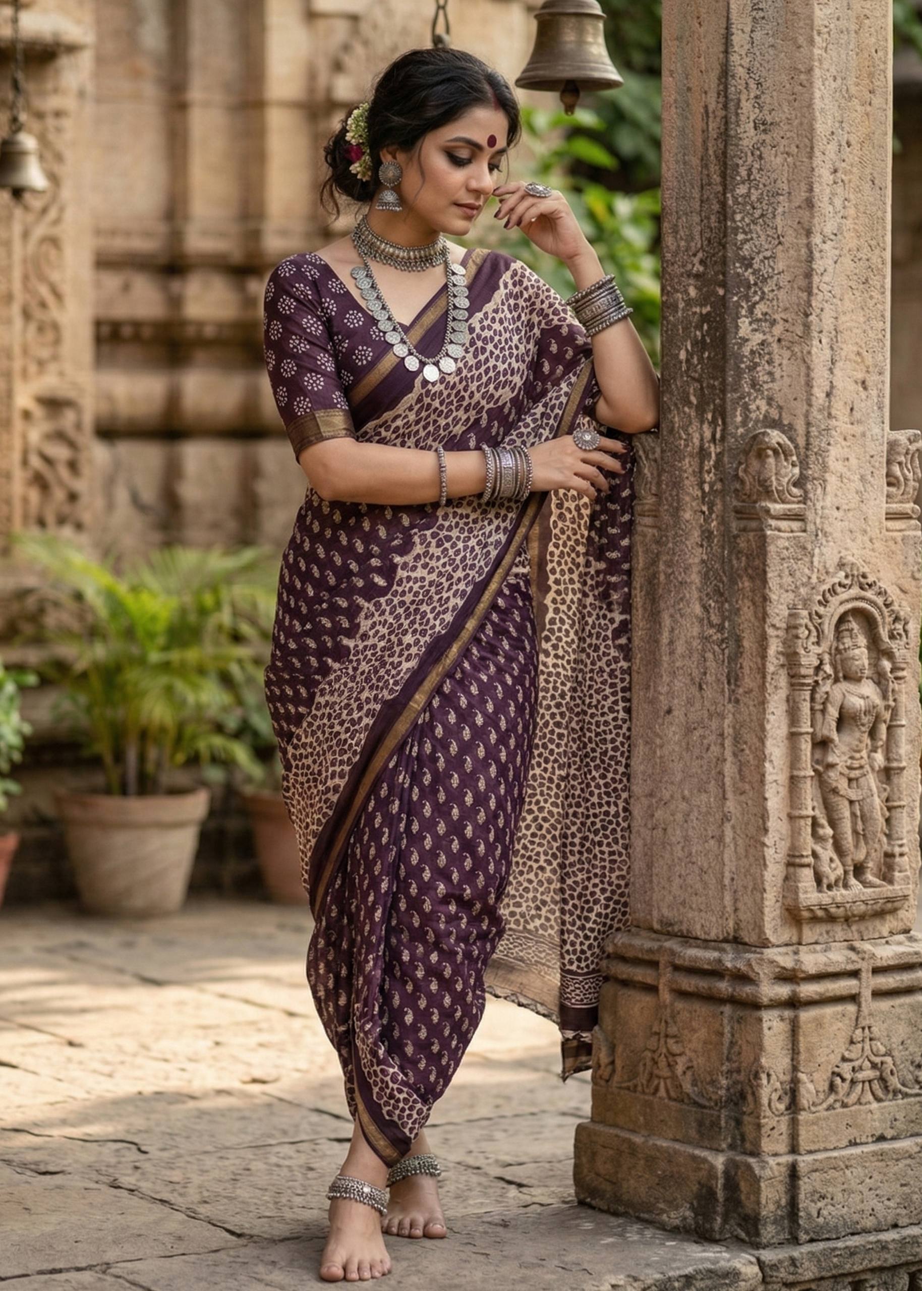 BAGRU BLOCK PRINT SOFT MASLIN COTTON ZARI BORDER VOILET SAREE WITH BLOUSE
