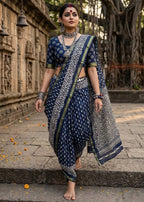 BAGRU BLOCK PRINT SOFT MASLIN COTTON ZARI BORDER BLUE SAREE WITH BLOUSE