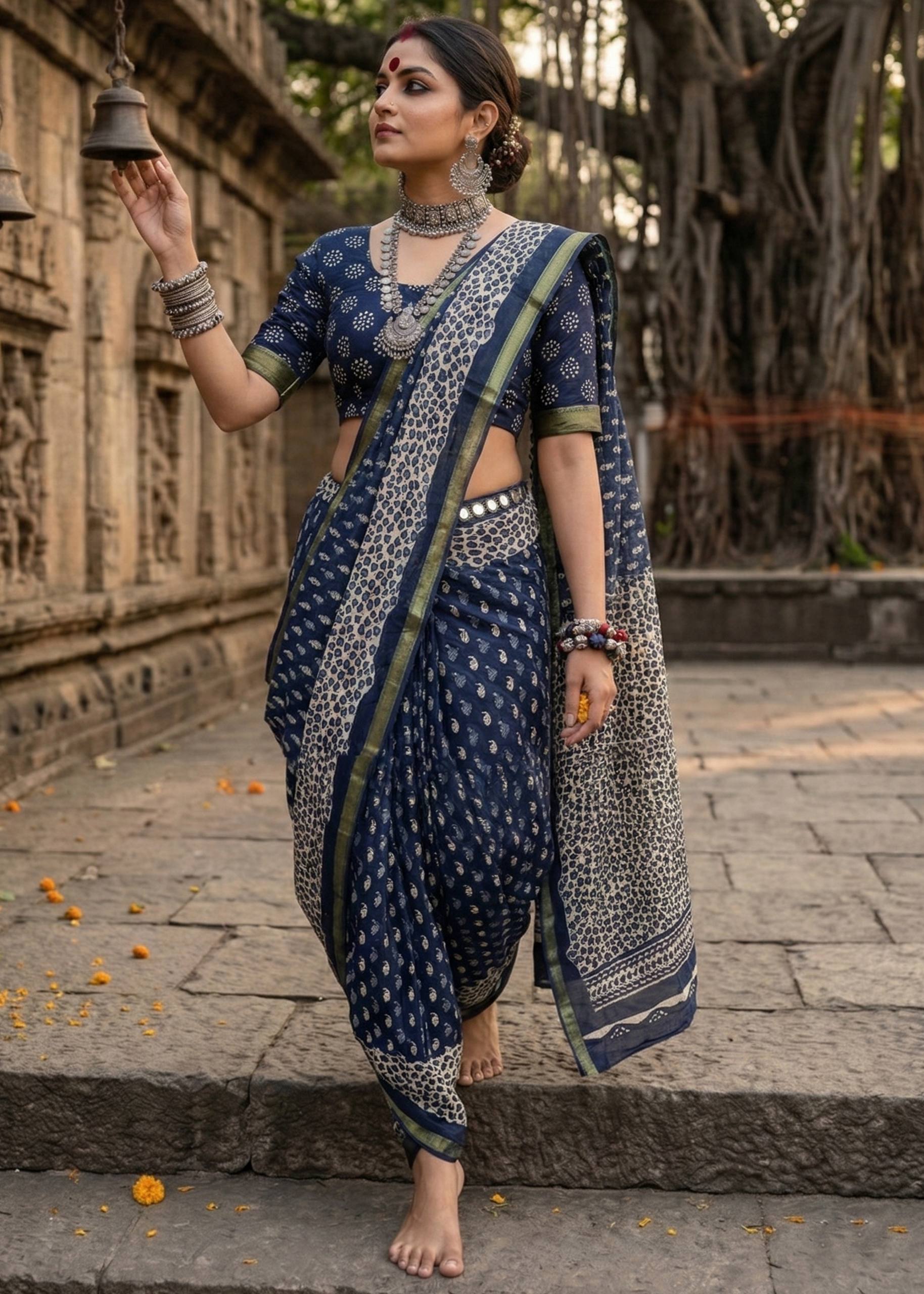BAGRU BLOCK PRINT SOFT MASLIN COTTON ZARI BORDER BLUE SAREE WITH BLOUSE