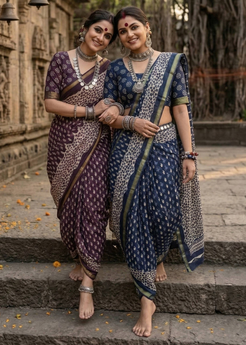 BAGRU BLOCK PRINT SOFT MASLIN COTTON ZARI BORDER BLUE SAREE WITH BLOUSE