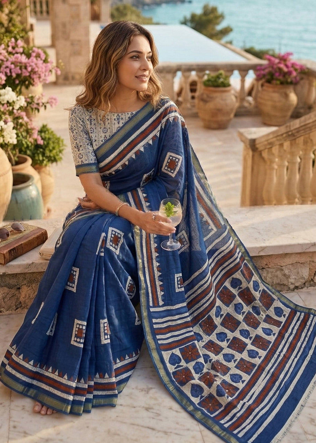 BAGRU BLOCK PRINT SOFT MASLIN COTTON ZARI BORDER BLUE SAREE WITH BLOUSE