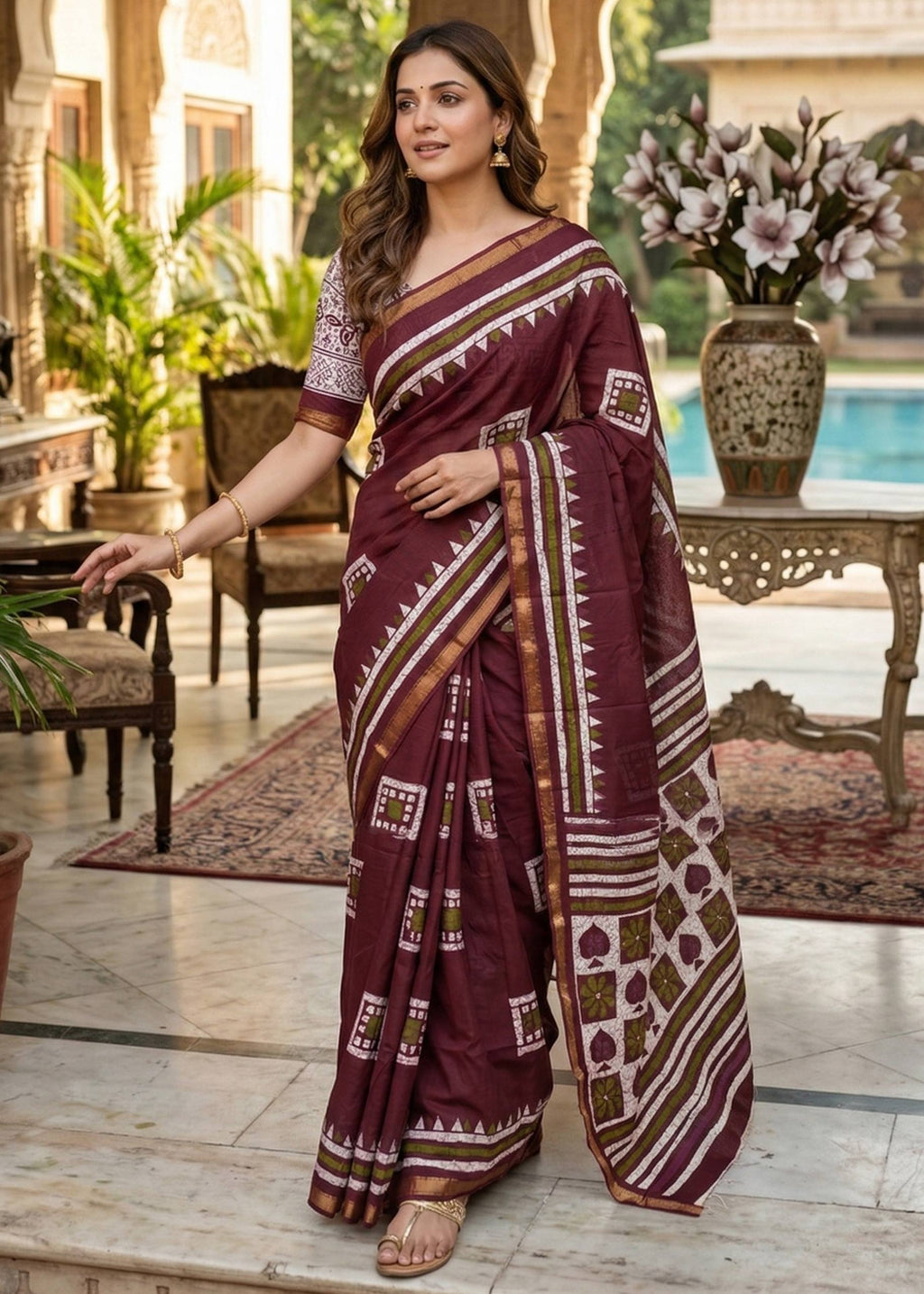 BAGRU BLOCK PRINT SOFT MASLIN COTTON ZARI BORDER MAROON SAREE WITH BLOUSE