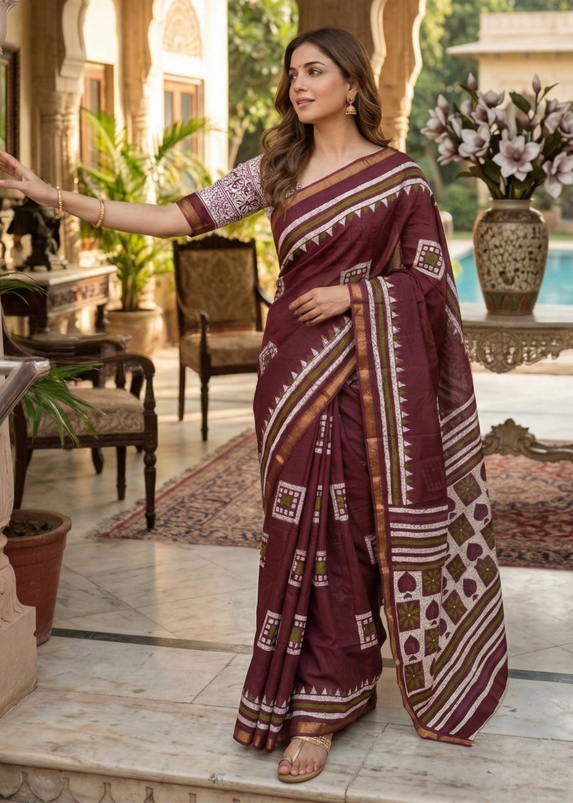 BAGRU BLOCK PRINT SOFT MASLIN COTTON ZARI BORDER MAROON SAREE WITH BLOUSE