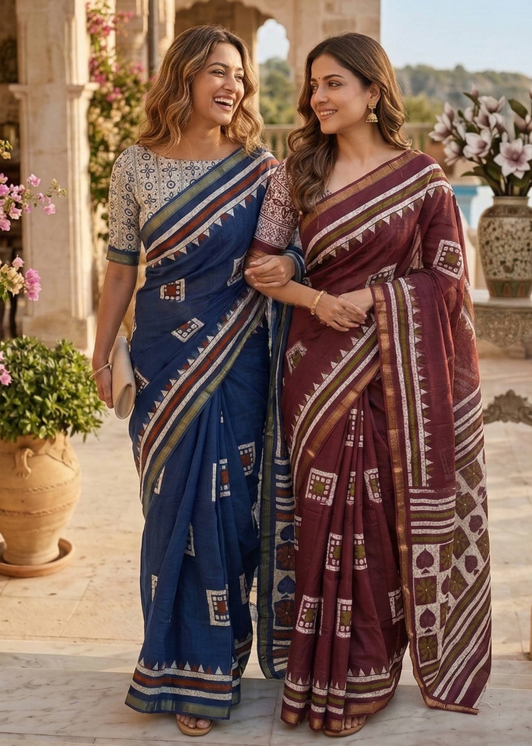 BAGRU BLOCK PRINT SOFT MASLIN COTTON ZARI BORDER BLUE SAREE WITH BLOUSE