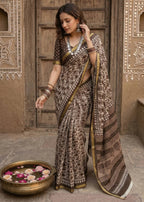 BAGRU BLOCK PRINT SOFT MASLIN COTTON ZARI BORDER BROWN SAREE WITH BLOUSE