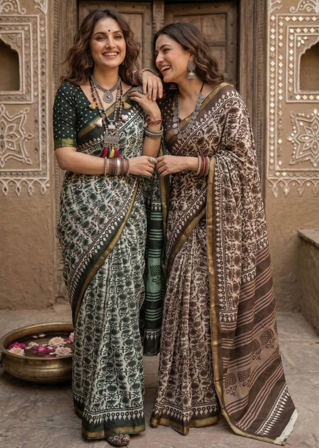 BAGRU BLOCK PRINT SOFT MASLIN COTTON ZARI BORDER BROWN SAREE WITH BLOUSE