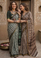 BAGRU BLOCK PRINT SOFT MASLIN COTTON ZARI BORDER BROWN SAREE WITH BLOUSE