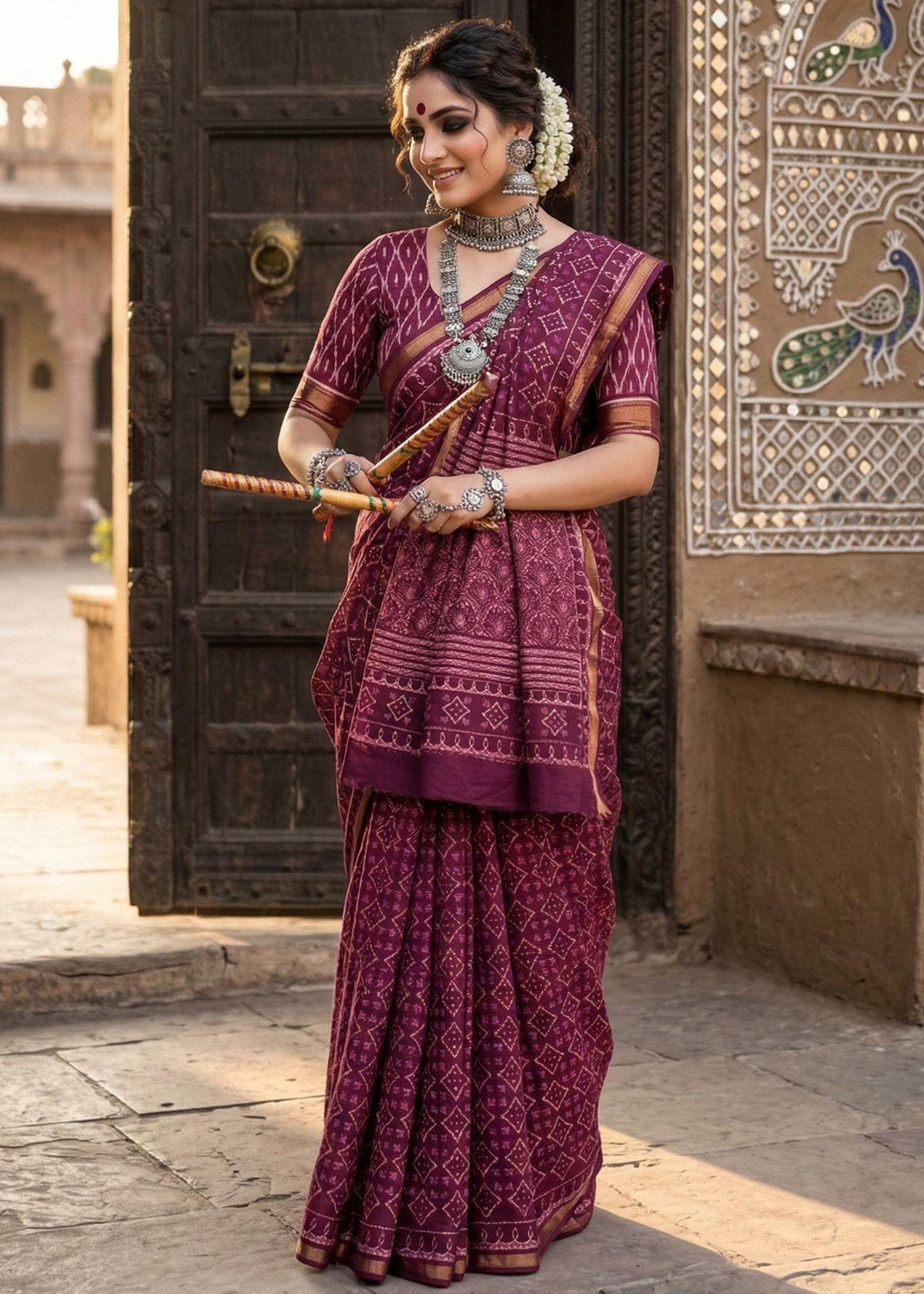 BAGRU BLOCK PRINT SOFT MASLIN COTTON ZARI BORDER MARRON SAREE WITH BLOUSE