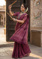 BAGRU BLOCK PRINT SOFT MASLIN COTTON ZARI BORDER MARRON SAREE WITH BLOUSE