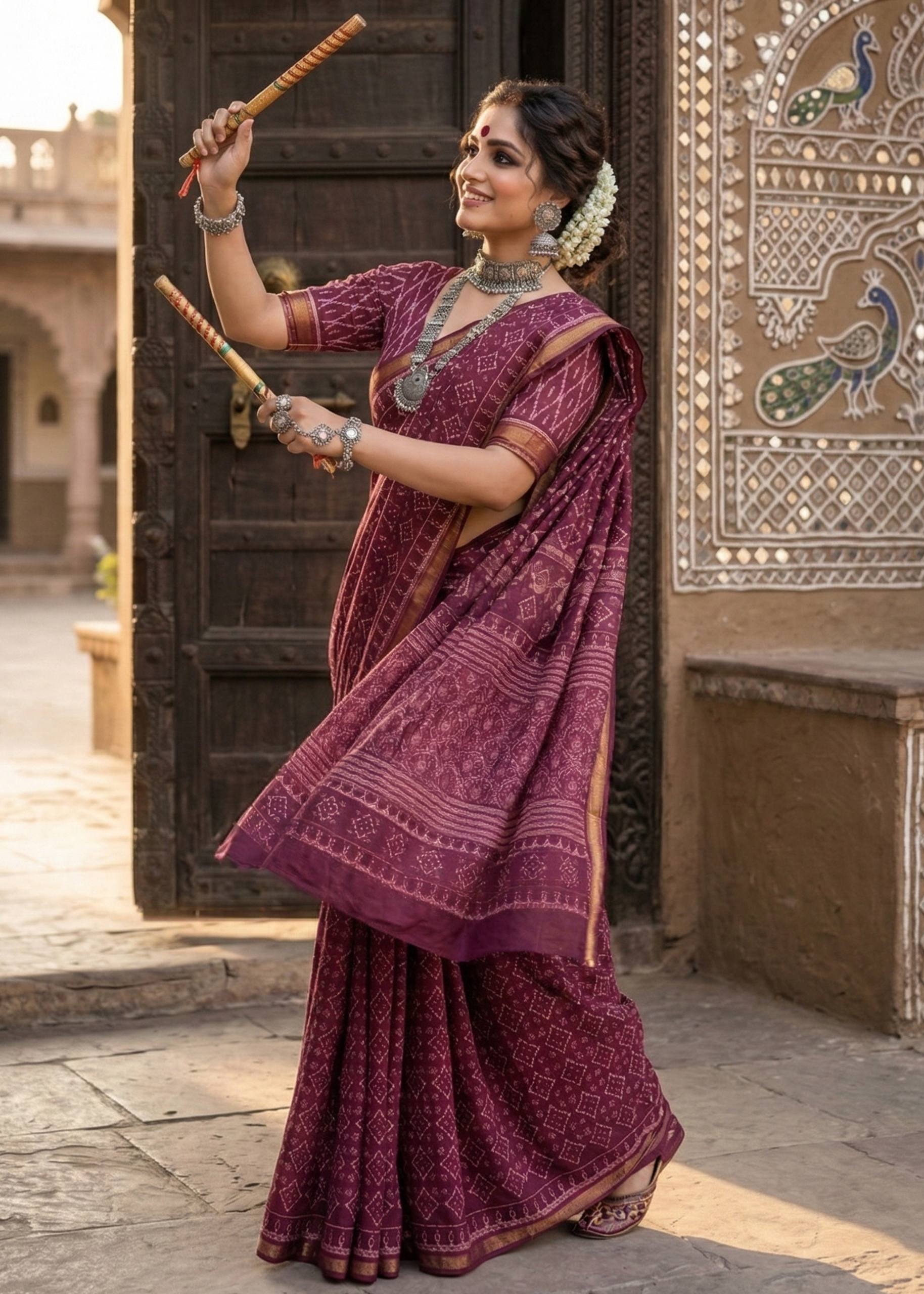 BAGRU BLOCK PRINT SOFT MASLIN COTTON ZARI BORDER MARRON SAREE WITH BLOUSE