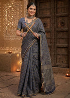BAGRU BLOCK PRINT SOFT MASLIN COTTON ZARI BORDER NEVY BLUE SAREE WITH BLOUSE
