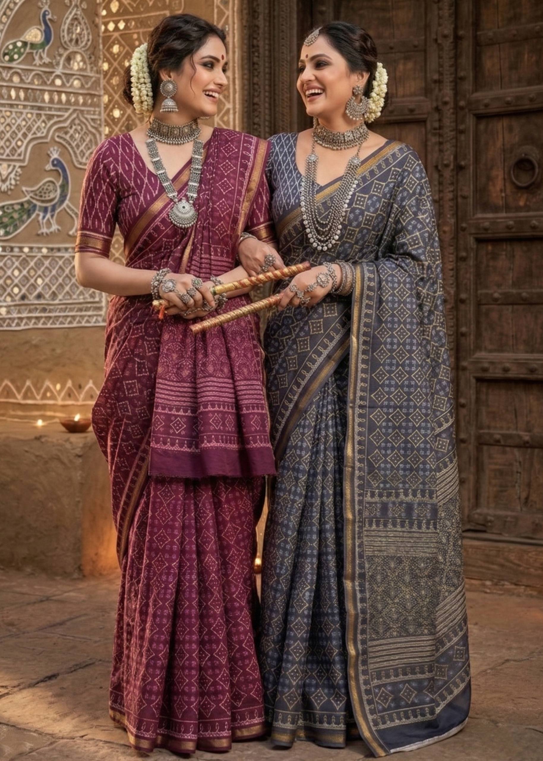BAGRU BLOCK PRINT SOFT MASLIN COTTON ZARI BORDER MARRON SAREE WITH BLOUSE