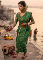 BAGRU BLOCK PRINT SOFT MASLIN COTTON ZARI BORDER GREEN SAREE WITH BLOUSE