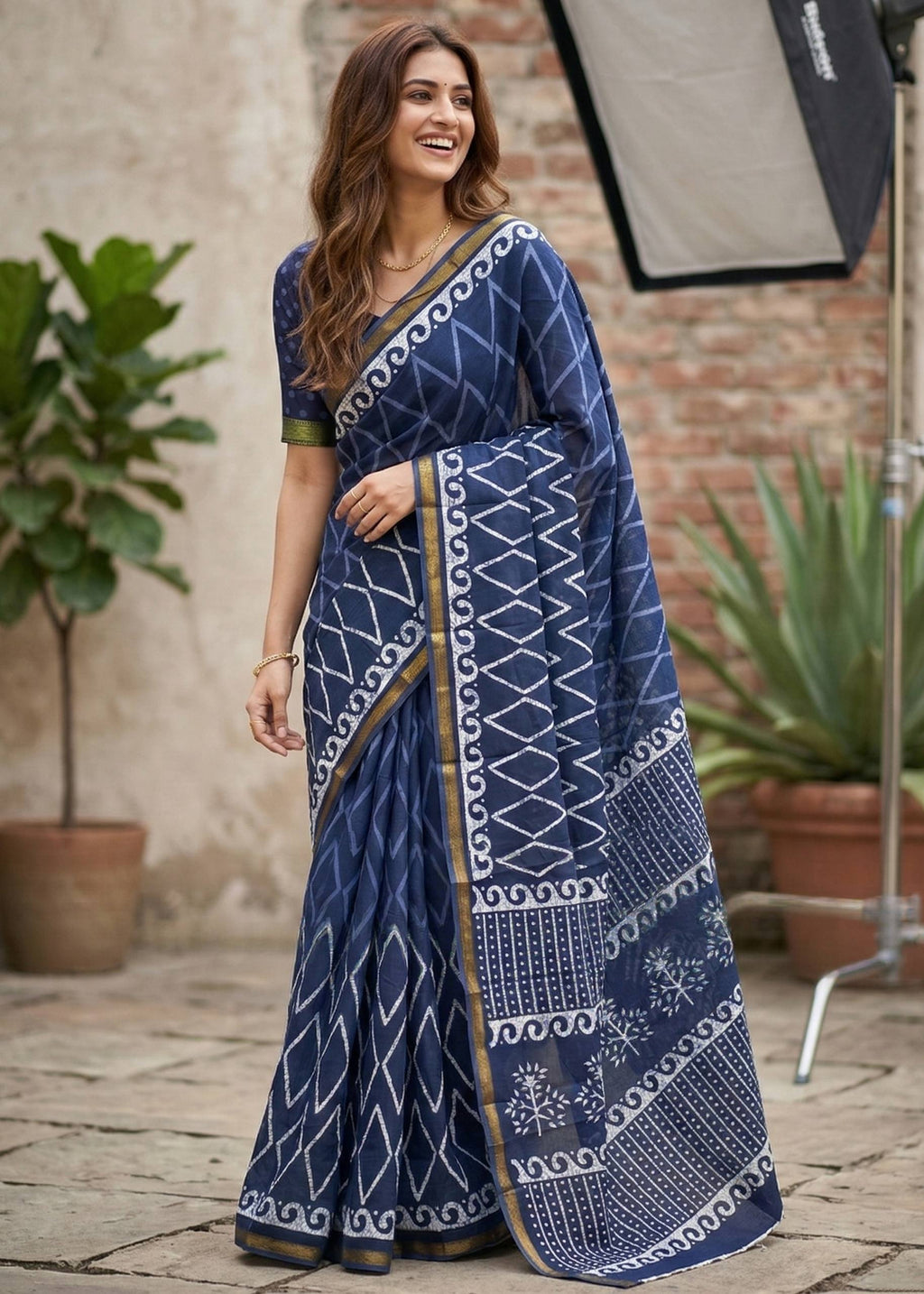 BAGRU BLOCK PRINT SOFT MASLIN COTTON ZARI BORDER BLUE SAREE WITH BLOUSE