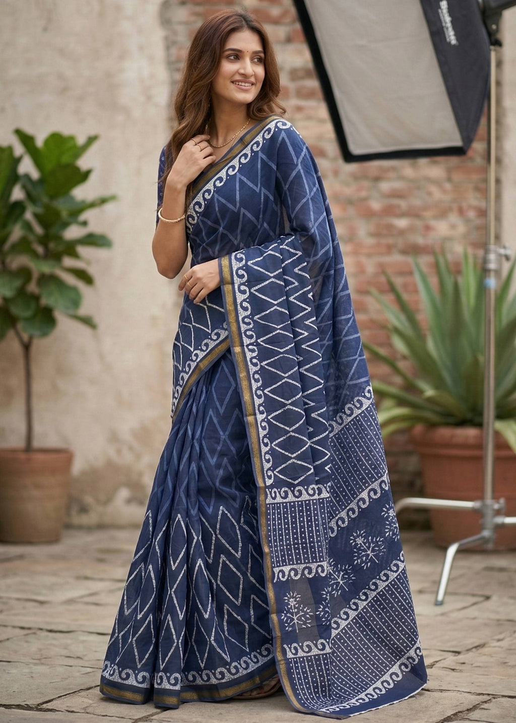 BAGRU BLOCK PRINT SOFT MASLIN COTTON ZARI BORDER BLUE SAREE WITH BLOUSE