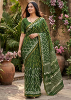 BAGRU BLOCK PRINT SOFT MASLIN COTTON ZARI BORDER GREEN SAREE WITH BLOUSE