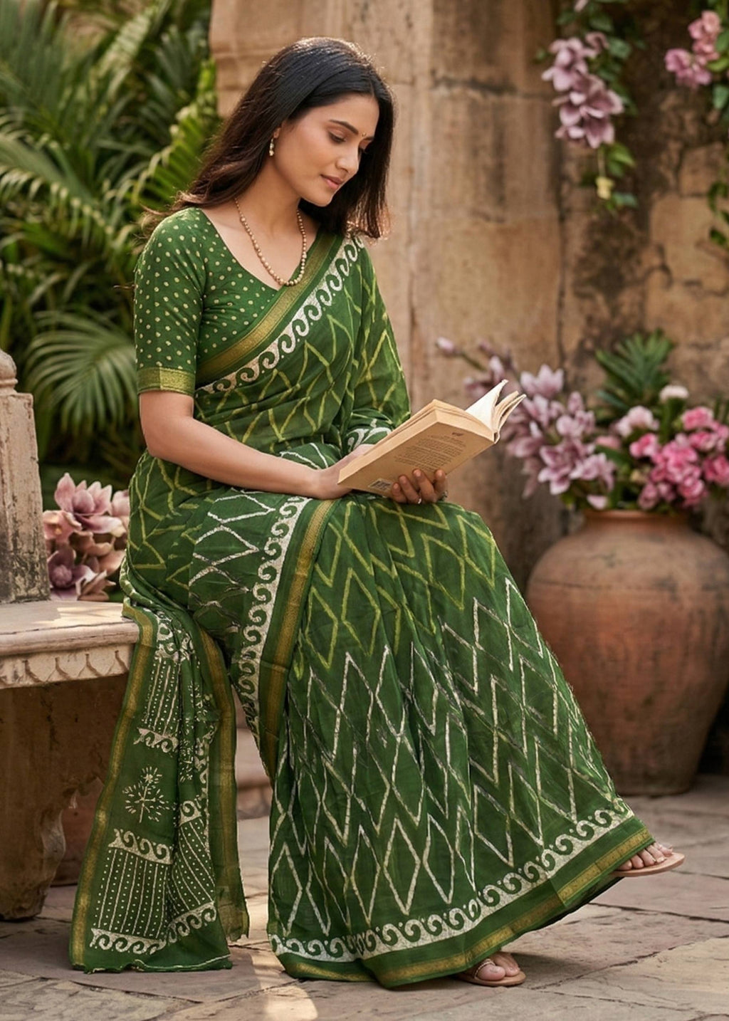 BAGRU BLOCK PRINT SOFT MASLIN COTTON ZARI BORDER GREEN SAREE WITH BLOUSE