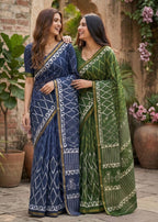 BAGRU BLOCK PRINT SOFT MASLIN COTTON ZARI BORDER BLUE SAREE WITH BLOUSE