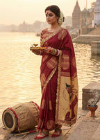 MULMUL COTTON HAND BLOCK PRINTE WITH HEVY EMBROIDERY LACE MAROON SAREE WITH BLOUSE