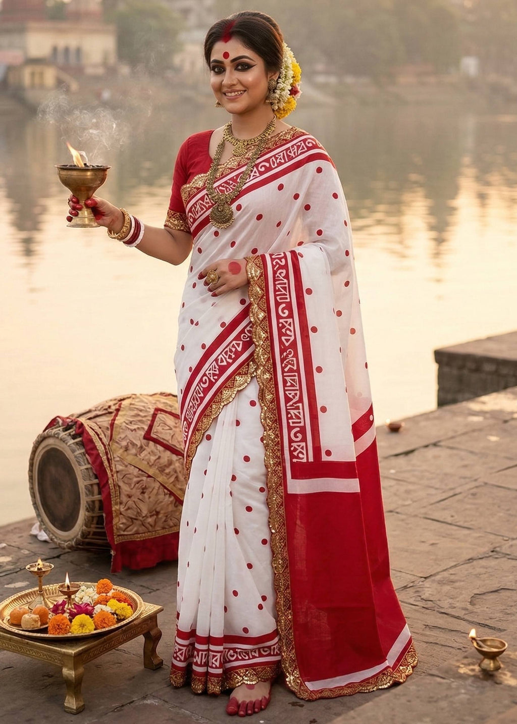 MULMUL COTTON HAND BLOCK PRINTE WITH HEVY EMBROIDERY LACE WHITE AND RED SAREE WITH BLOUSE