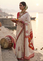 MULMUL COTTON HAND BLOCK PRINTE WITH HEVY EMBROIDERY LACE OFF WHITE SAREE WITH BLOUSE