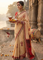MULMUL COTTON HAND BLOCK PRINTE WITH HEVY EMBROIDERY LACE BEIGE SAREE WITH BLOUSE