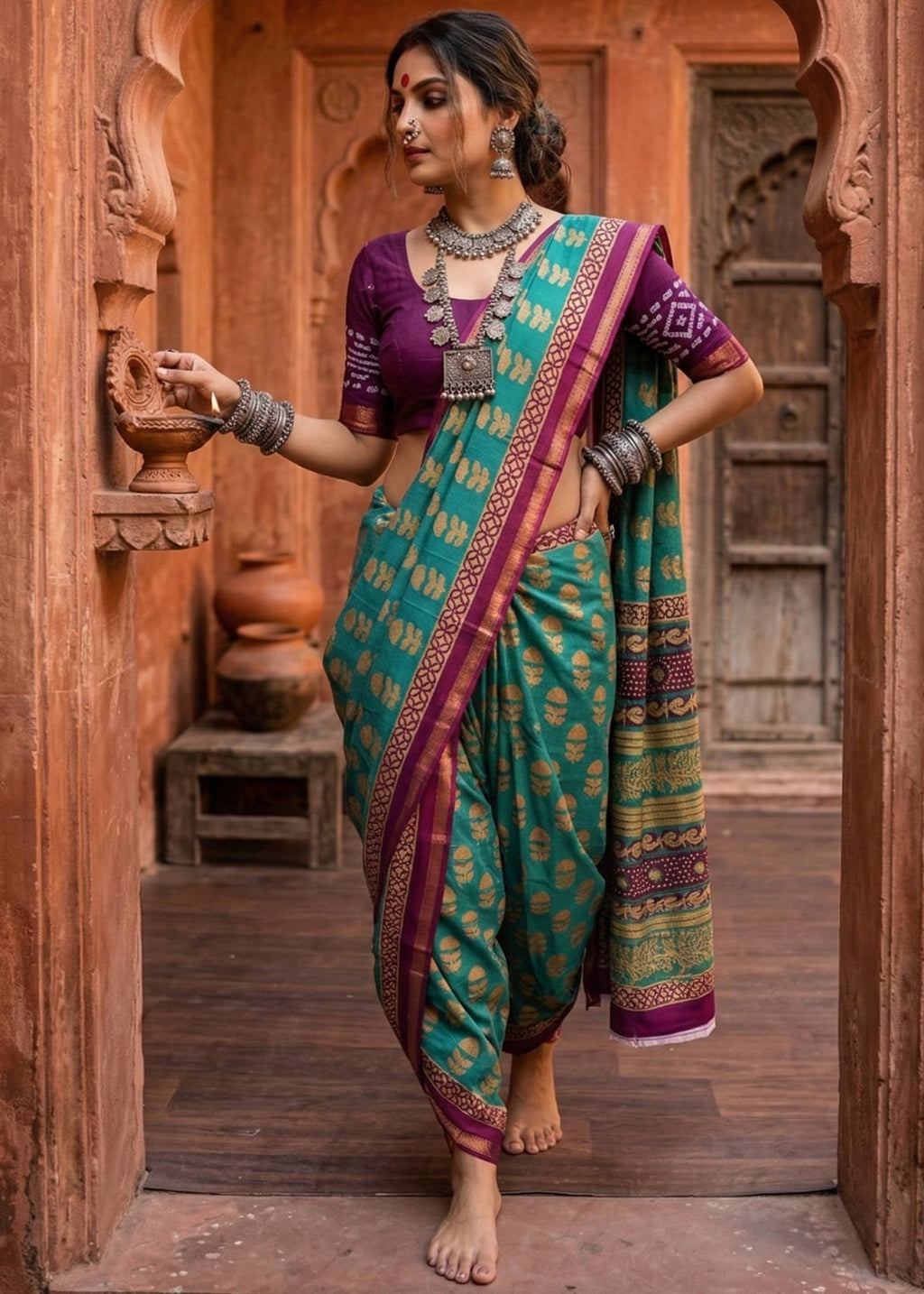 BAGRU BLOCK PRINT SOFT MASLIN COTTON ZARI BORDER GREEN SAREE WITH BLOUSE