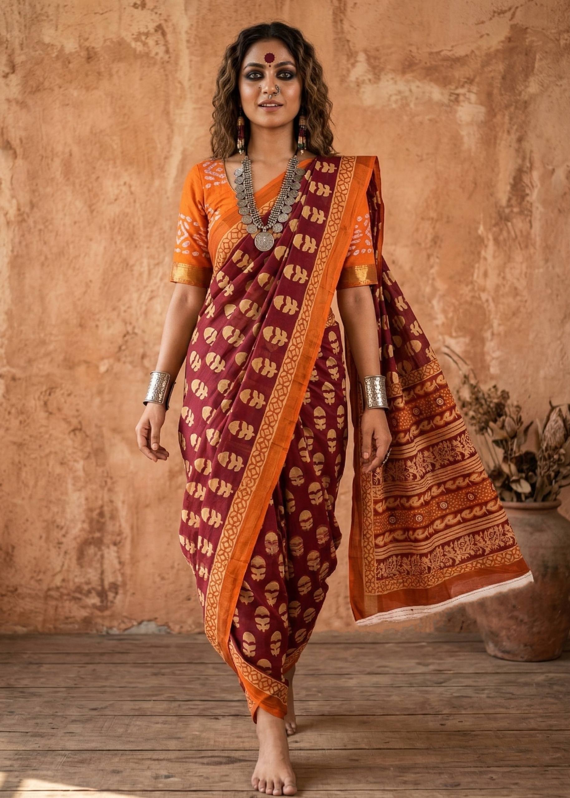 BAGRU BLOCK PRINT SOFT MASLIN COTTON ZARI BORDER MAROON SAREE WITH BLOUSE