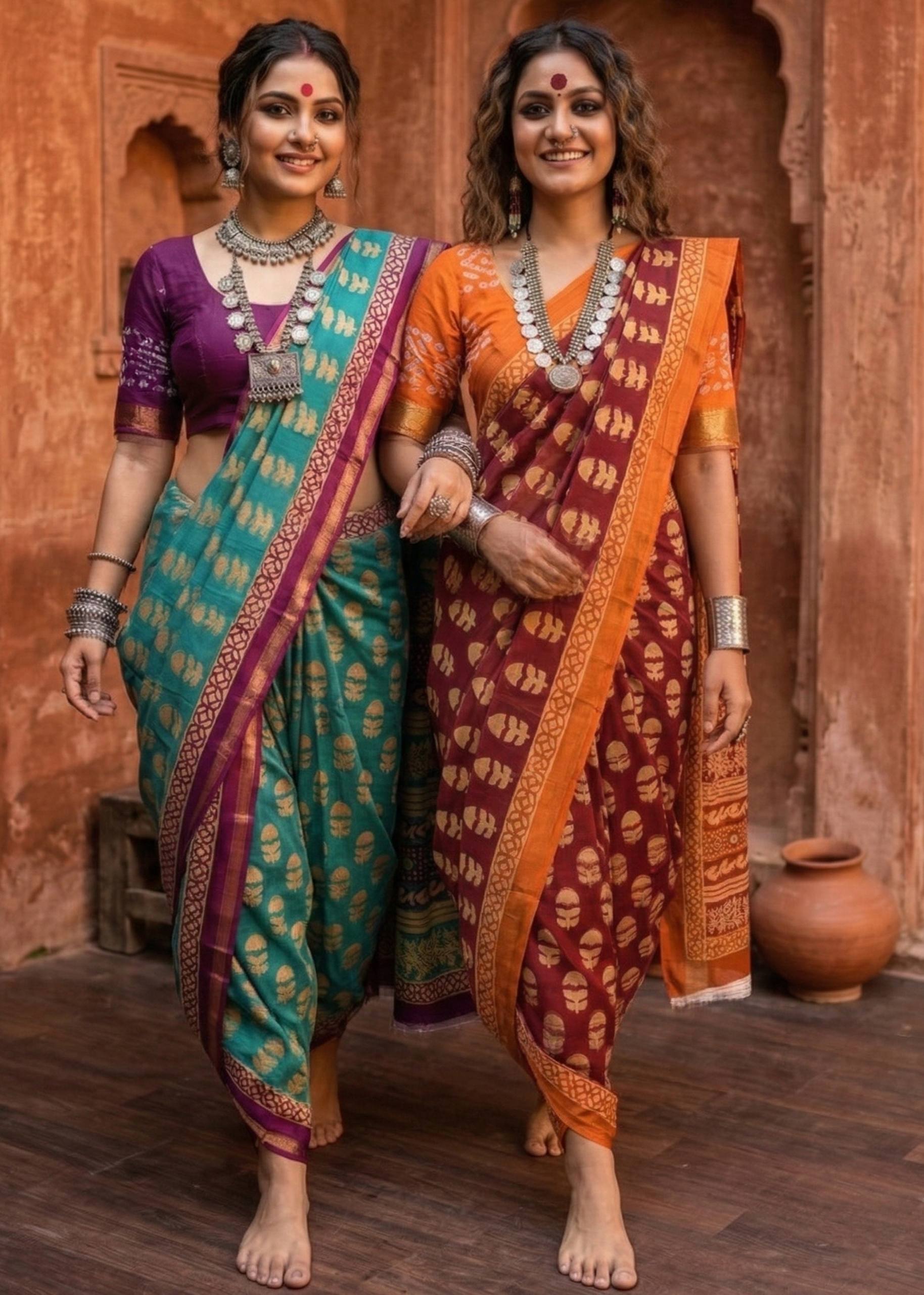 BAGRU BLOCK PRINT SOFT MASLIN COTTON ZARI BORDER GREEN SAREE WITH BLOUSE