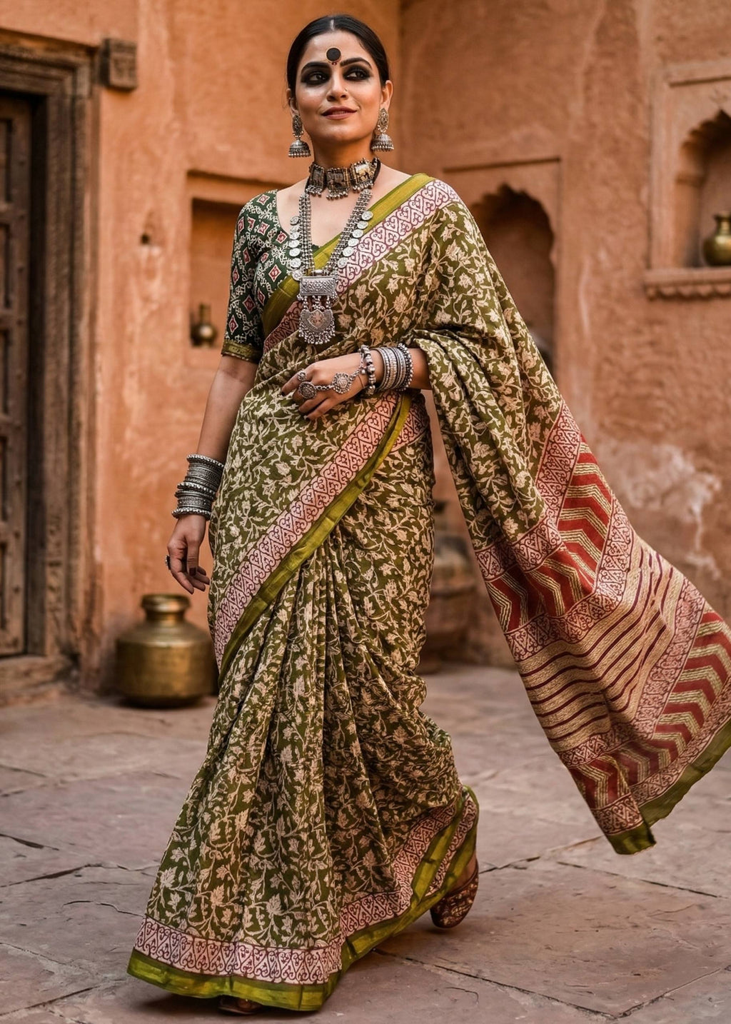 BAGRU BLOCK PRINT SOFT MASLIN COTTON ZARI BORDER BLACK SAREE WITH BLOUSE