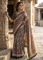 BAGRU BLOCK PRINT SOFT MASLIN COTTON ZARI BORDER MEHANDI GREEN SAREE WITH BLOUSE