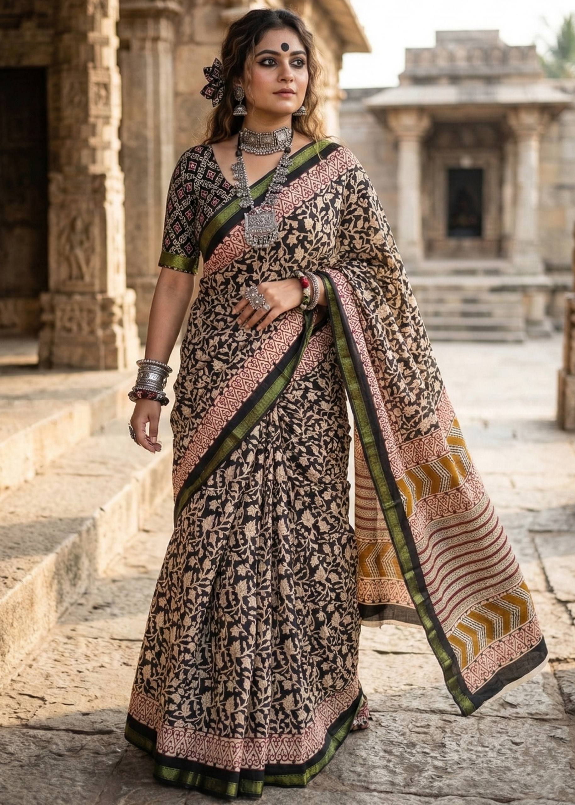 BAGRU BLOCK PRINT SOFT MASLIN COTTON ZARI BORDER MEHANDI GREEN SAREE WITH BLOUSE