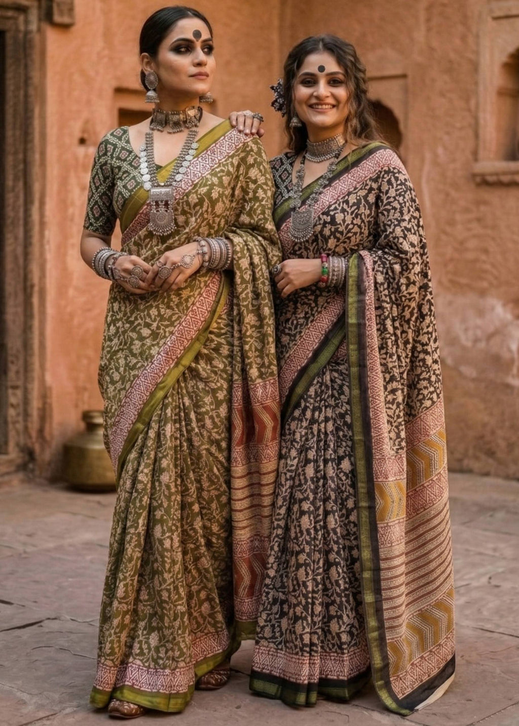 BAGRU BLOCK PRINT SOFT MASLIN COTTON ZARI BORDER BLACK SAREE WITH BLOUSE