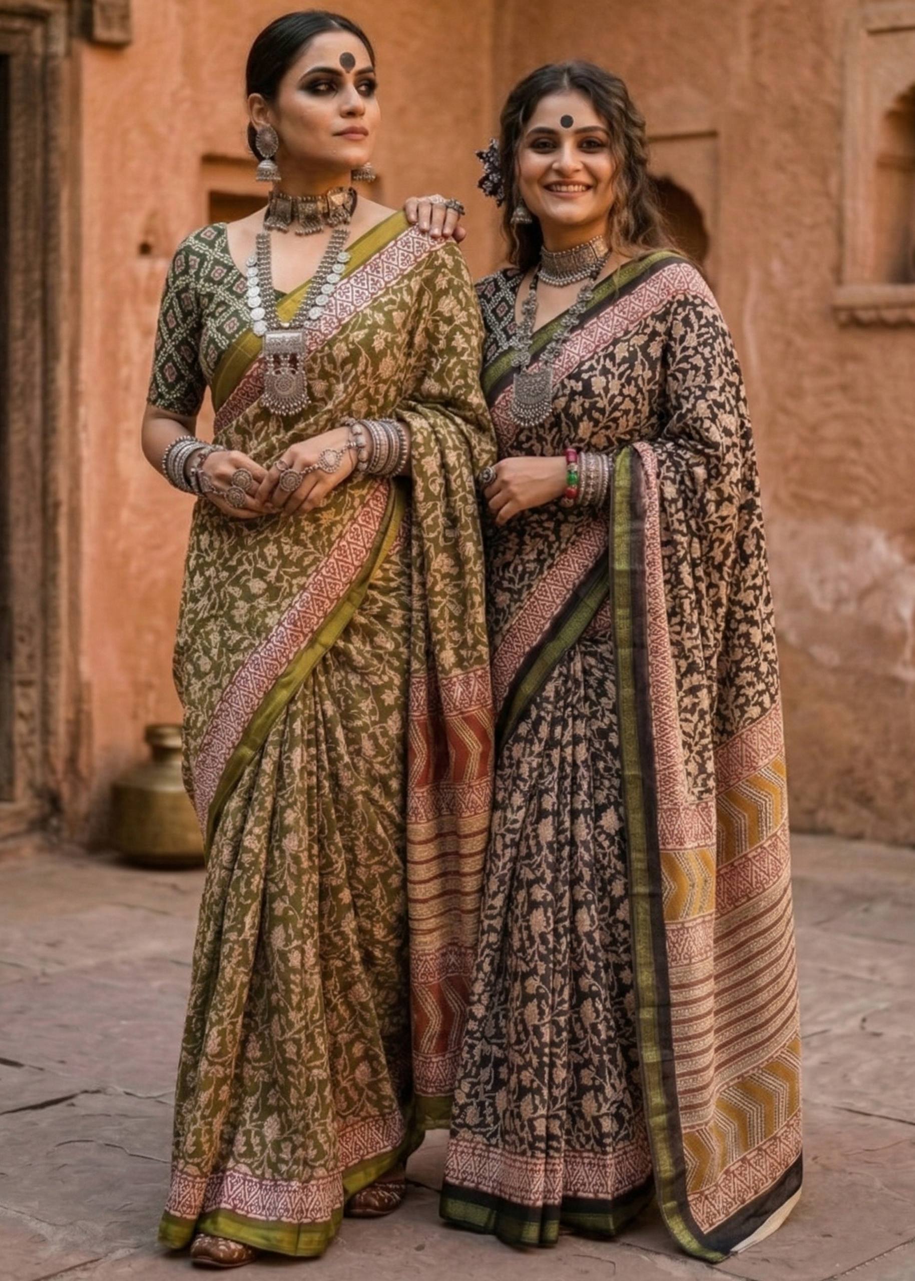 BAGRU BLOCK PRINT SOFT MASLIN COTTON ZARI BORDER BLACK SAREE WITH BLOUSE