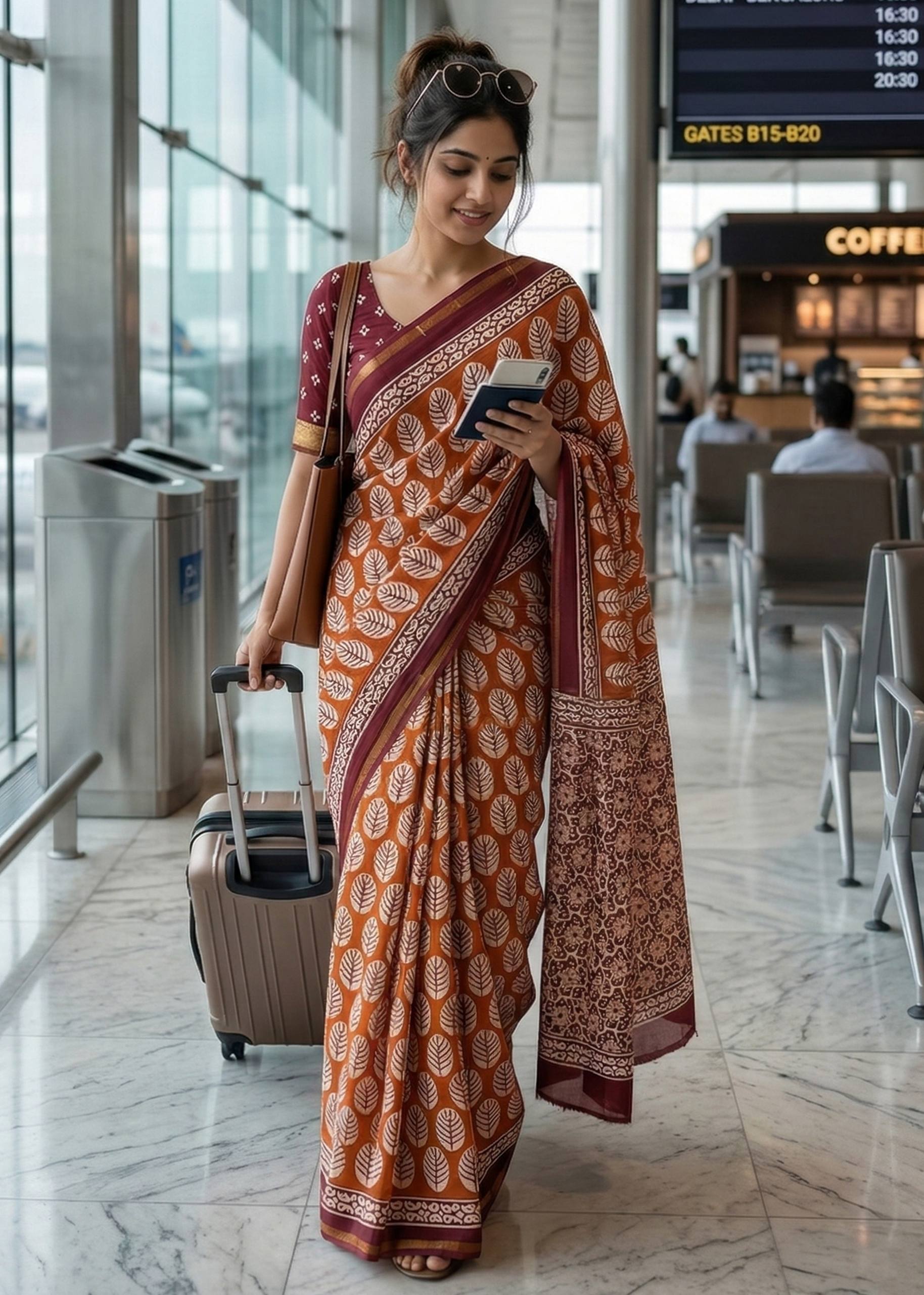 BAGRU BLOCK PRINT SOFT MASLIN COTTON ZARI BORDER ORANGE SAREE WITH BLOUSE
