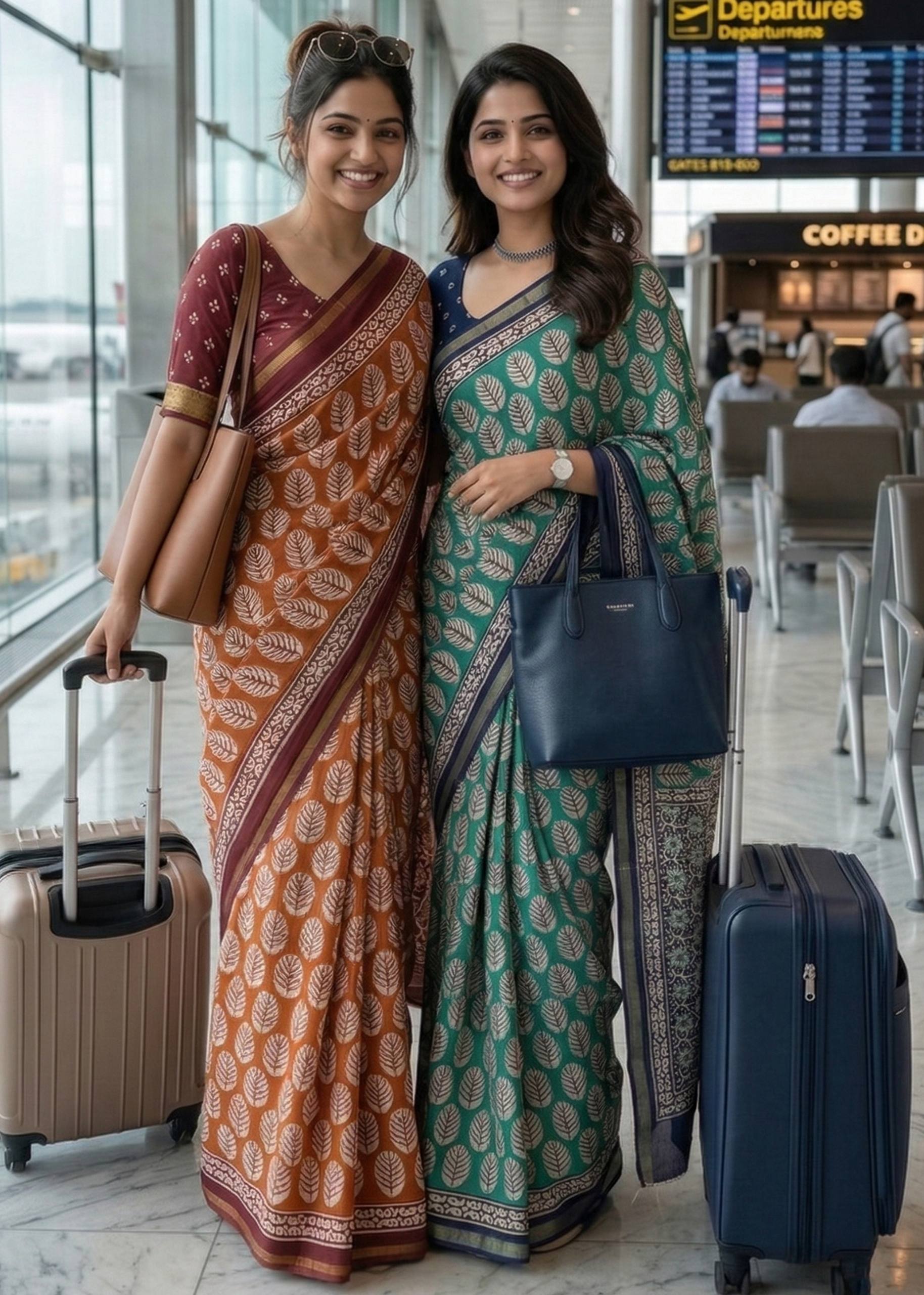 BAGRU BLOCK PRINT SOFT MASLIN COTTON ZARI BORDER GREEN SAREE WITH BLOUSE