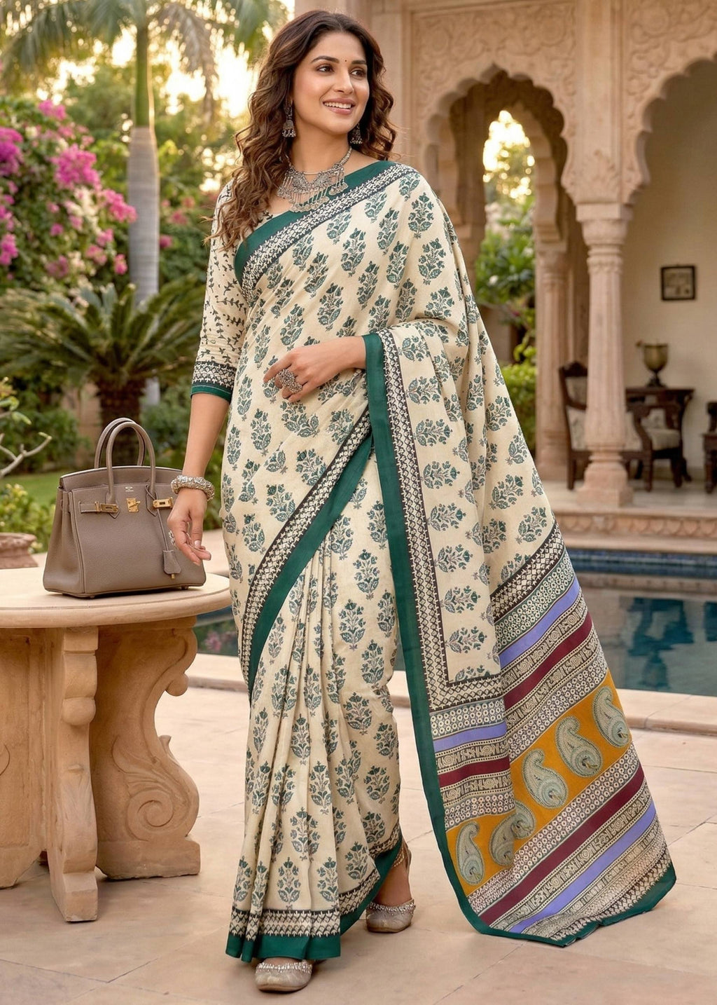 PURE MULMUL COTTON HAND BLOCK PRINT GREEN SAREE WITH BLOUSE