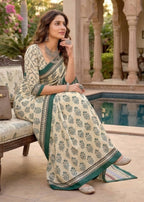 PURE MULMUL COTTON HAND BLOCK PRINT GREEN SAREE WITH BLOUSE