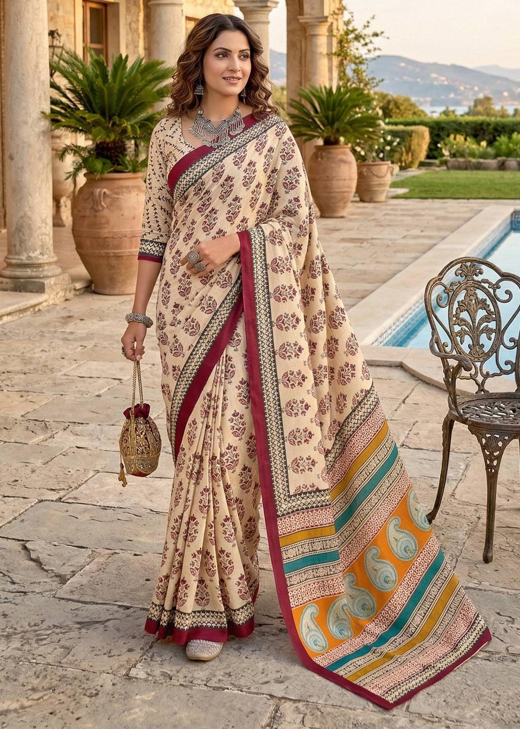 PURE MULMUL COTTON HAND BLOCK PRINT MAROON SAREE WITH BLOUSE