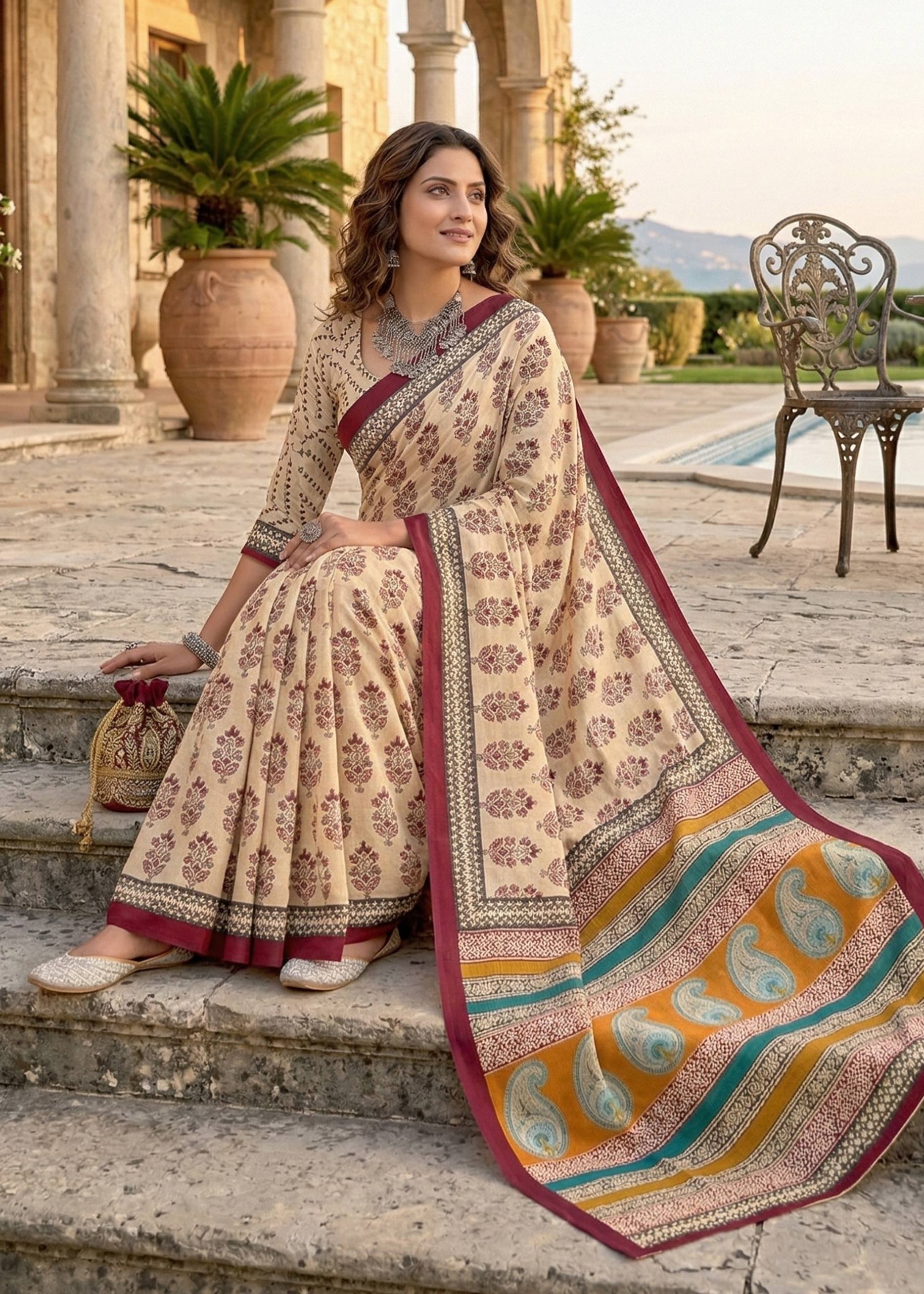 PURE MULMUL COTTON HAND BLOCK PRINT MAROON SAREE WITH BLOUSE