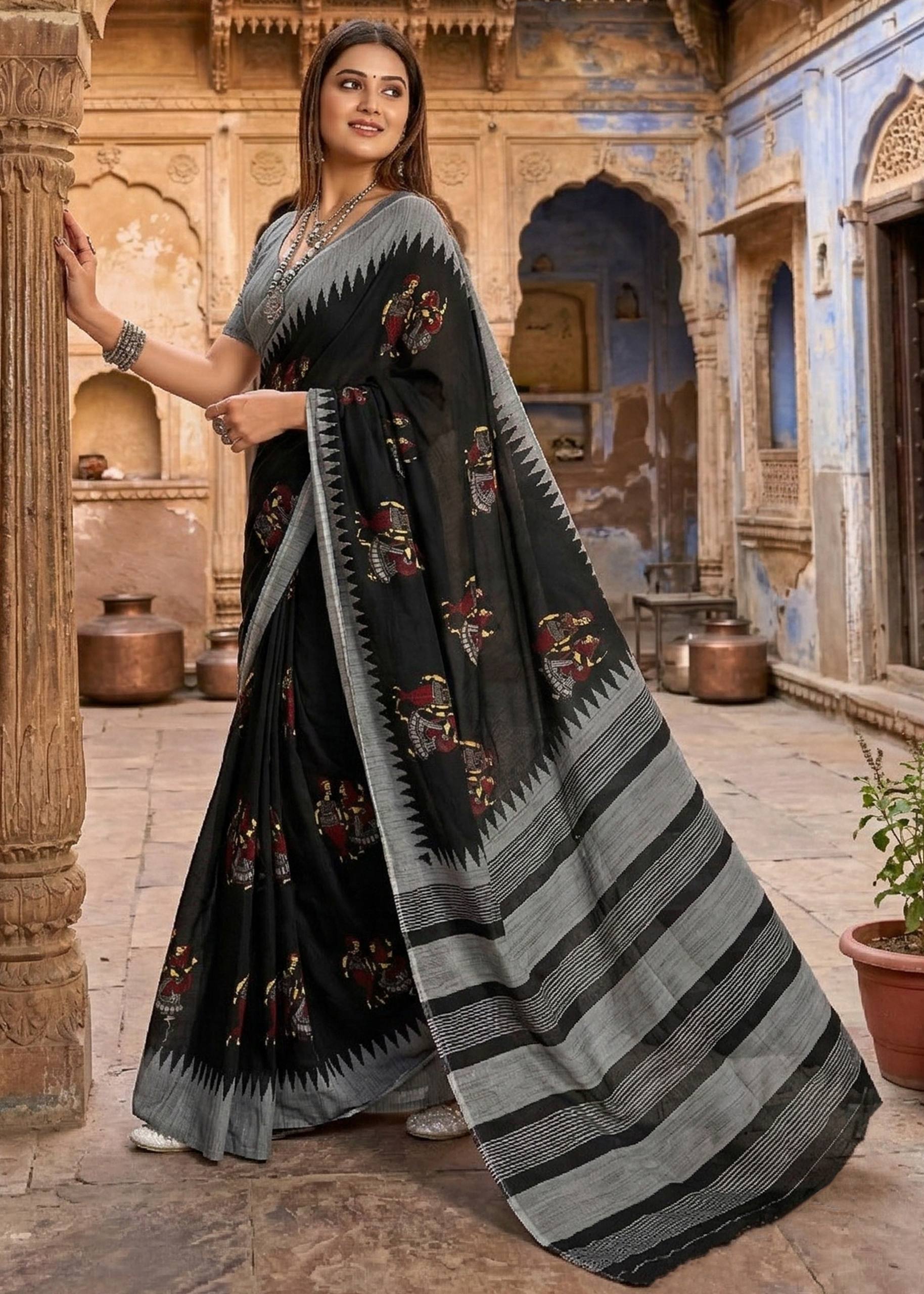 KALMKARI SOFT MULMUL COTTON HAND BLOCK PRINT BALCK SAREE WITH BLOUSE