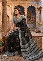 KALMKARI SOFT MULMUL COTTON HAND BLOCK PRINT BALCK SAREE WITH BLOUSE