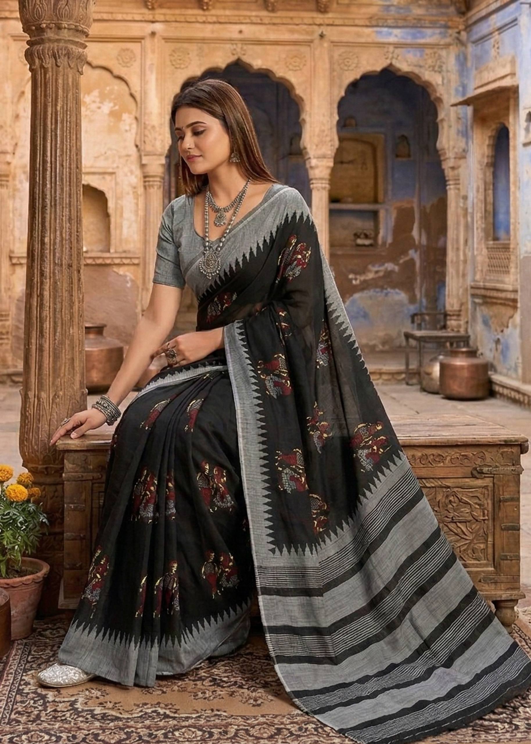 KALMKARI SOFT MULMUL COTTON HAND BLOCK PRINT BALCK SAREE WITH BLOUSE