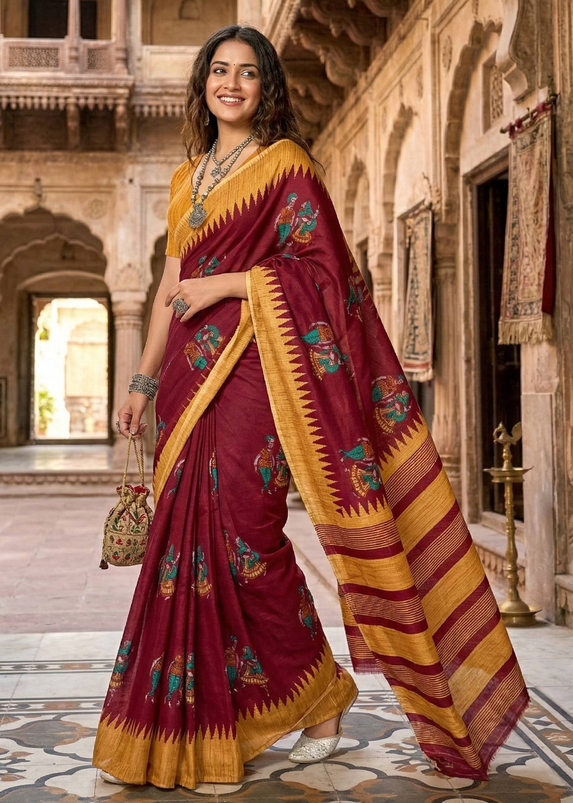 KALMKARI SOFT MULMUL COTTON HAND BLOCK PRINT MAROON SAREE WITH BLOUSE