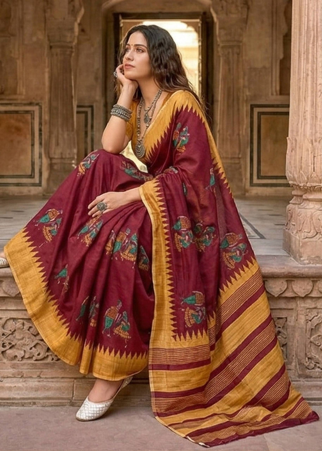 KALMKARI SOFT MULMUL COTTON HAND BLOCK PRINT MAROON SAREE WITH BLOUSE