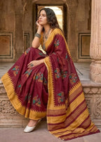 KALMKARI SOFT MULMUL COTTON HAND BLOCK PRINT MAROON SAREE WITH BLOUSE