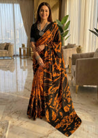 PURE MULMUL COTTON HAND BLOCK PRINT ORANGE SAREE WITH BLOUSE