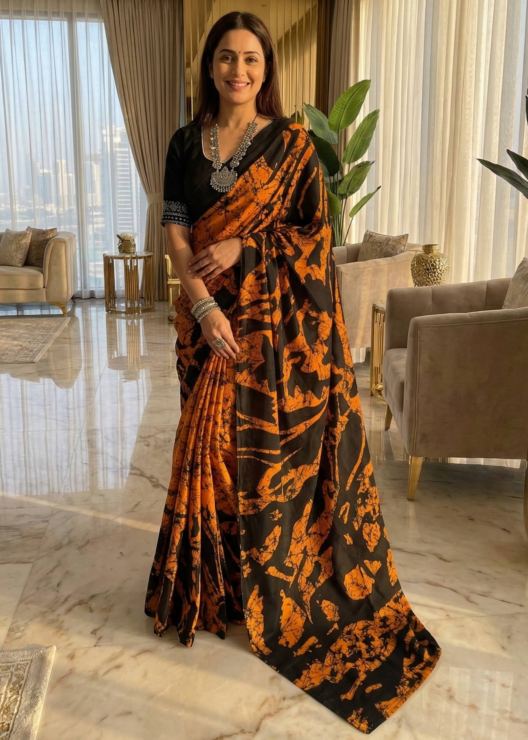 PURE MULMUL COTTON HAND BLOCK PRINT ORANGE SAREE WITH BLOUSE