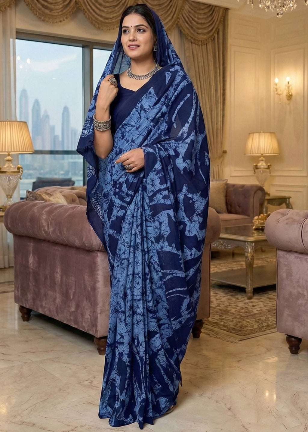 PURE MULMUL COTTON HAND BLOCK PRINT BLUE SAREE WITH BLOUSE