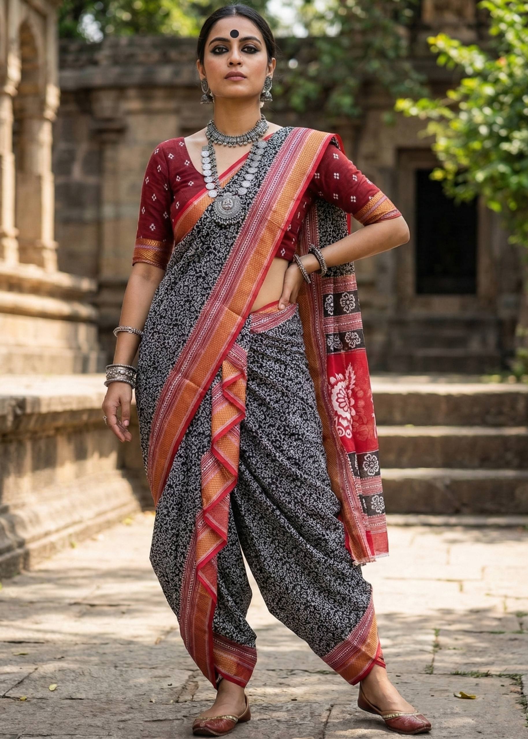 BAGRU BANDHANI MULMUL COTTON HEVY ZARI BORDAR PRINTED BLACK SAREE WITH BLOUSE
